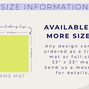 May include: A square, lime green game mat, 31.5 inches (80cm) on each side, with the text "GAME MAT" at the bottom. The image also includes text stating the availability of the design in more sizes, including a 33" x 33" mat.