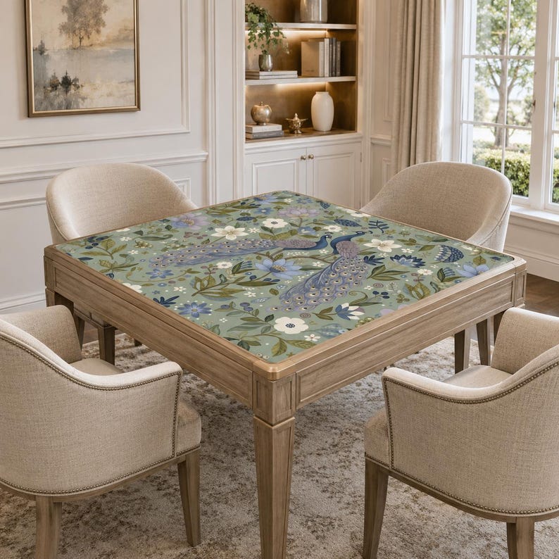 May include: A square wooden table with a decorative top featuring a peacock and floral design in shades of blue, white, and green. The table is surrounded by four beige upholstered chairs, creating a cohesive and elegant look.