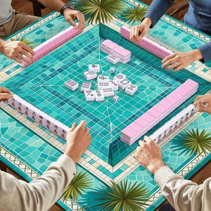 May include: A group of people playing Mahjong on a teal and turquoise tile-patterned table. The game includes pink tile racks and white tiles with black symbols. Palm fronds decorate the table's edges.