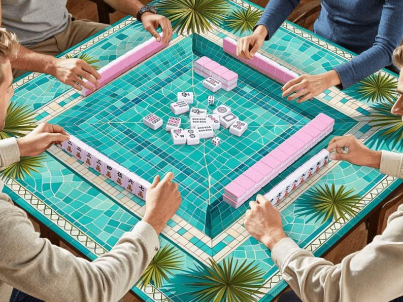 May include: A group of people playing Mahjong on a teal and turquoise tile-patterned table. The game includes pink tile racks and white tiles with black symbols. Palm fronds decorate the table's edges.