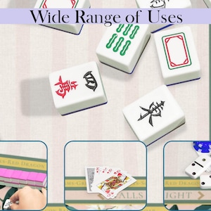 May include: White Mahjong tiles with red, green, and black symbols are scattered on a light background. The text "Wide Range of Uses" is at the top. The image also includes playing cards, dominoes, and other game pieces.