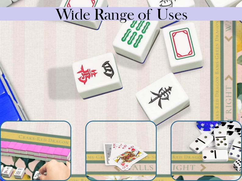 May include: White Mahjong tiles with red, green, and black symbols are scattered on a light background. The text "Wide Range of Uses" is at the top. The image also includes playing cards, dominoes, and other game pieces.