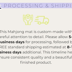 May include: Text on a light background reads "PROCESSING & SHIPPING" with a tree icon. Below, it states a Mahjong mat is custom-made with attention to detail.