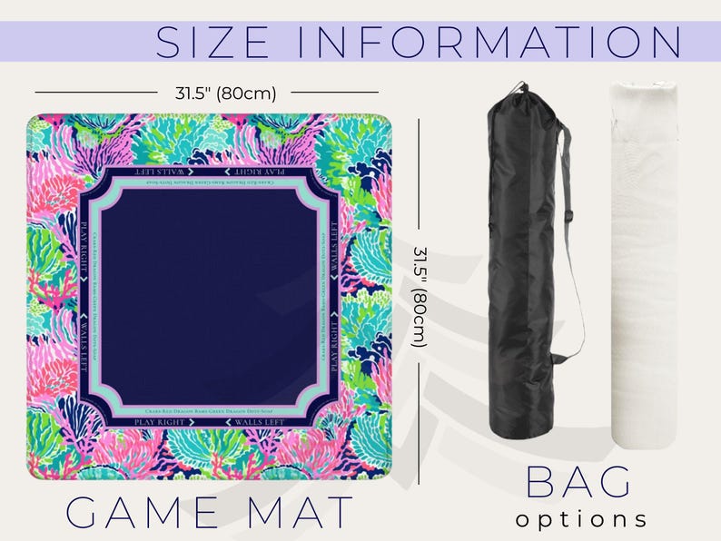 Puede incluir: Un tapete de juego cuadrado de 80 cm con un dise&ntilde;o de arrecife de coral. Incluye un centro azul marino y una opci&oacute;n de bolsa negra. Se ven las palabras "GAME MAT" y "BAG options".