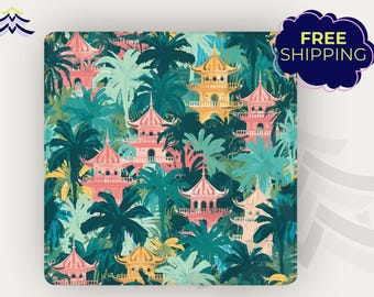 May include: A colorful pattern featuring pagodas and palm trees in shades of pink, yellow, and green. The design has a tropical theme, with a dense arrangement of foliage and architectural elements. The words "FREE SHIPPING" are in a dark blue cloud.