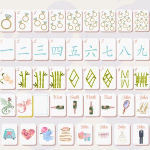 May include: A collection of illustrated Mahjong tiles featuring various symbols and designs. The tiles include rings, Chinese numerals, bamboo, diamonds, and wedding-themed images like champagne bottles, a car, and a wedding cake. The word "Joker" is also present.
