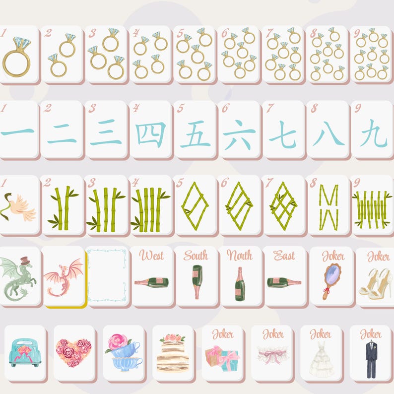 May include: A collection of illustrated Mahjong tiles featuring various symbols and designs. The tiles include rings, Chinese numerals, bamboo, diamonds, and wedding-themed images like champagne bottles, a car, and a wedding cake. The word "Joker" is also present.
