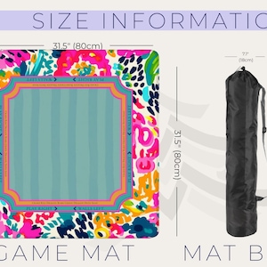 May include: A colorful game mat with a floral design, measuring 31.5 inches (80cm) square, and a black mat bag, 33.5 inches (85cm) long. The mat features a central striped area and text that reads "PLAY RIGHT" and "WALLS LEFT".
