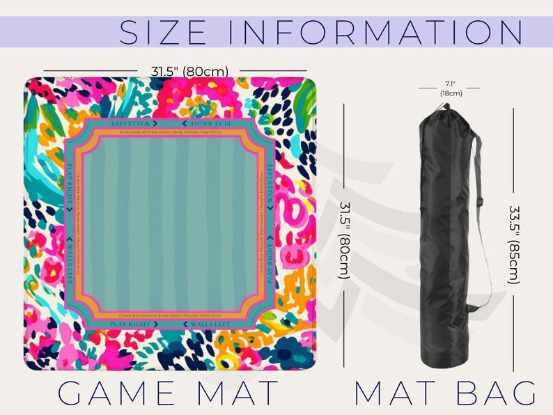 May include: A colorful game mat with a floral design, measuring 31.5 inches (80cm) square, and a black mat bag, 33.5 inches (85cm) long. The mat features a central striped area and text that reads "PLAY RIGHT" and "WALLS LEFT".