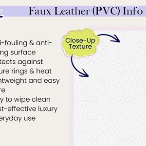 May include: A graphic with the text "Faux Leather (PVC) Info" and a list of features, including anti-fouling, protection against moisture and heat, lightweight, easy to clean, and cost-effective luxury. A close-up of the texture is also shown.