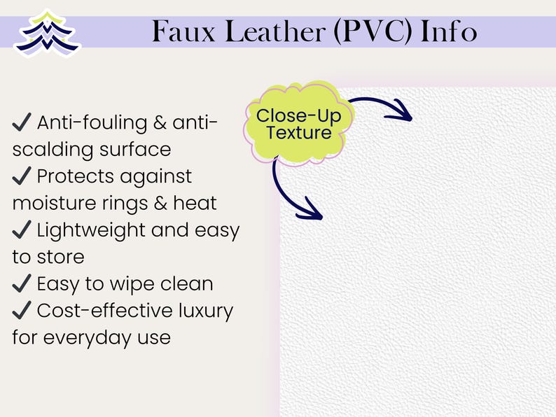 May include: A graphic with the text "Faux Leather (PVC) Info" and a list of features, including anti-fouling, protection against moisture and heat, lightweight, easy to clean, and cost-effective luxury. A close-up of the texture is also shown.