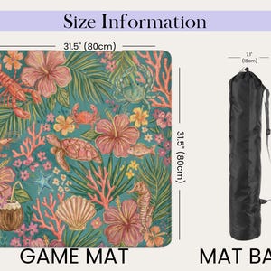 May include: A teal game mat with a tropical design featuring sea creatures and flowers, measuring 80cm square. Includes a black mat bag, 85cm long and 18cm in diameter. The words "GAME MAT" and "MAT BAG" are visible.
