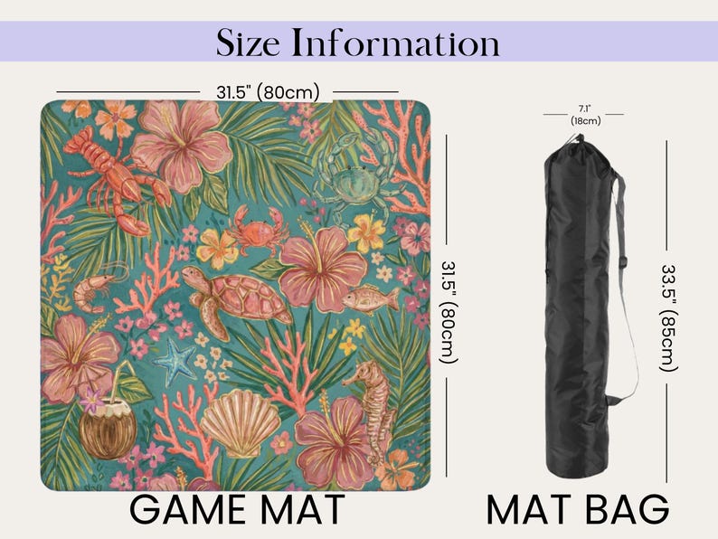 May include: A teal game mat with a tropical design featuring sea creatures and flowers, measuring 80cm square. Includes a black mat bag, 85cm long and 18cm in diameter. The words "GAME MAT" and "MAT BAG" are visible.