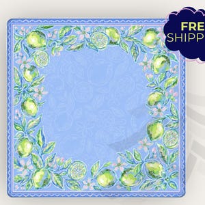 May include: Square, light blue decorative plate with a border of green lemons, leaves, and pink flowers. The center has a light blue pattern. The words "FREE SHIPPING" are in a dark blue cloud-shaped bubble.