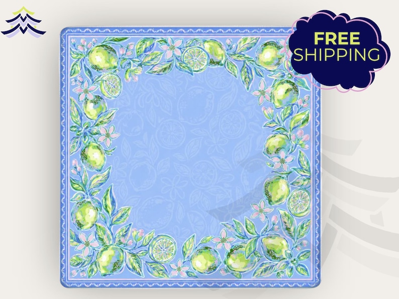 May include: Square, light blue decorative plate with a border of green lemons, leaves, and pink flowers. The center has a light blue pattern. The words "FREE SHIPPING" are in a dark blue cloud-shaped bubble.
