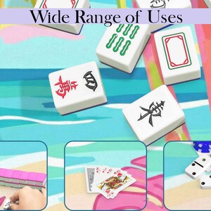May include: White Mahjong tiles with red and black symbols are scattered on a colorful beach-themed surface. The image includes the text "Wide Range of Uses". Additional images show playing cards, dominoes, and more Mahjong tiles.