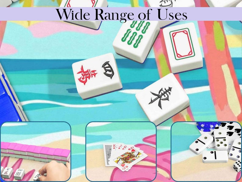 May include: White Mahjong tiles with red and black symbols are scattered on a colorful beach-themed surface. The image includes the text "Wide Range of Uses". Additional images show playing cards, dominoes, and more Mahjong tiles.