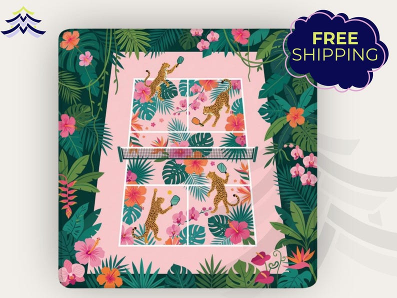 May include: A pink pickleball court design featuring cheetahs playing pickleball, surrounded by tropical flowers and foliage. The design includes a net and the text "FREE SHIPPING" in a dark blue bubble.