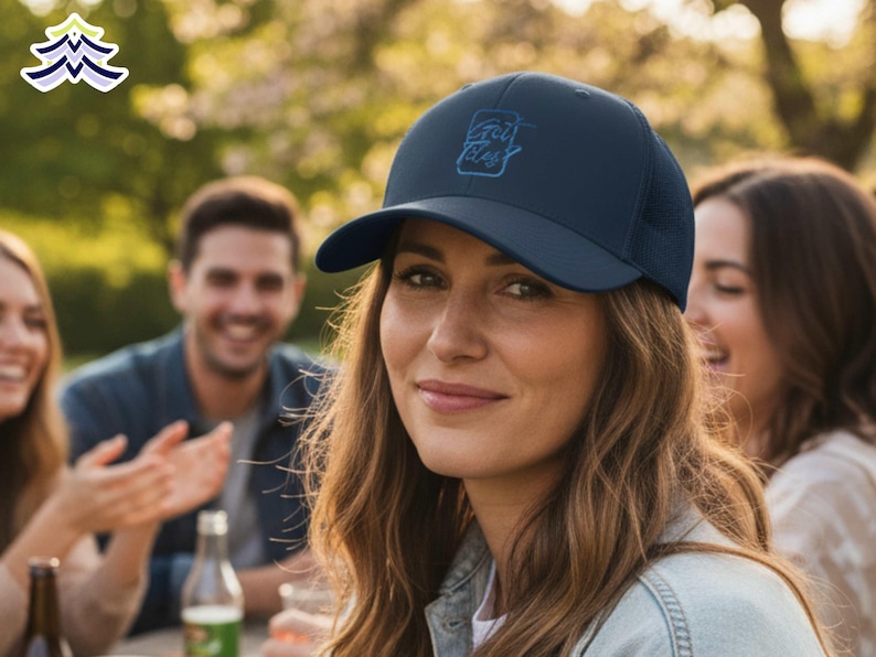Op de afbeelding: Marineblauwe baseballcap met een gebogen klep en mesh achterkant. De cap heeft een tonale geborduurde opdruk op de voorkant. De afbeelding toont een groep mensen buiten, met de cap gedragen door een persoon op de voorgrond.