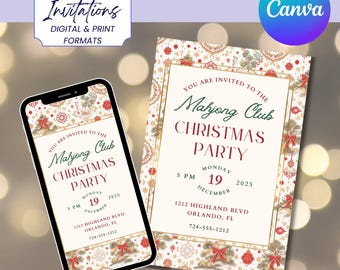 Holiday Mahjong Party Invitation Template | Christmas Game Night Invite | Printable & Digital Canva Download