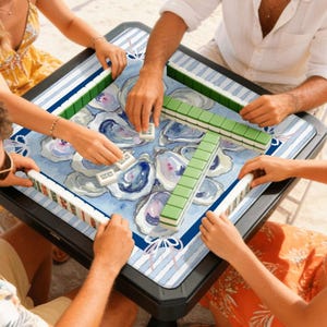 Oyster Mahjong Travel Mat, Coastal Mahjong Table Mat, Blue Preppy Mahjong Game Accessory, Grandmillenial - Travel Sized 21"x21" image 2