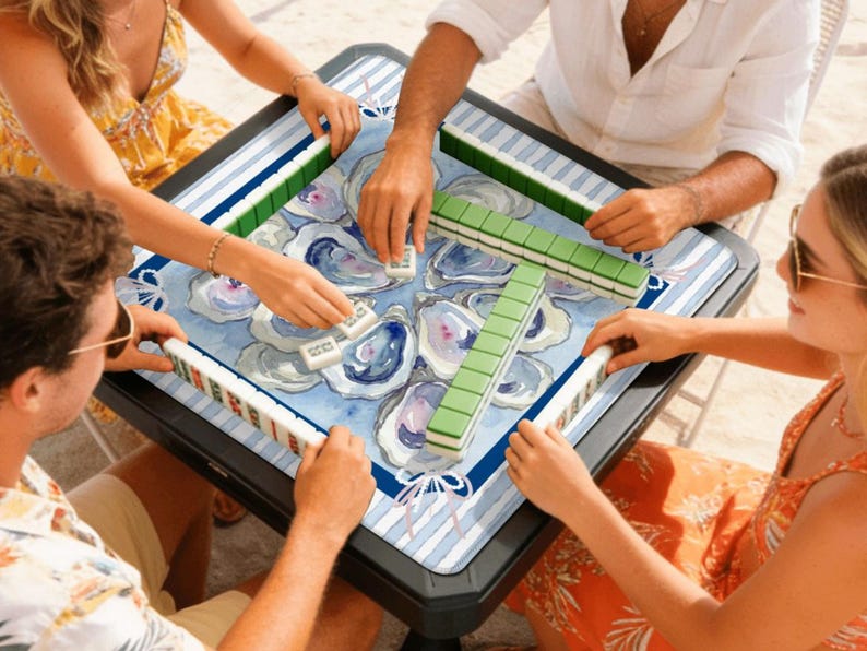 Oyster Mahjong Travel Mat, Coastal Mahjong Table Mat, Blue Preppy Mahjong Game Accessory, Grandmillenial - Travel Sized 21"x21" image 2