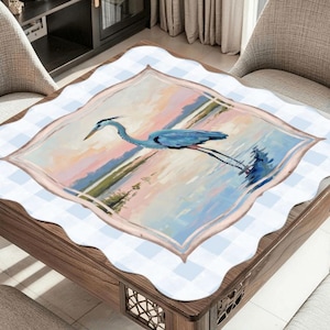 Scalloped Crane Mahjong Mat | Blue Heron Mahjong Playing Mat | Coastal Mahjong Table Mat | Non Slip Mahjong Mat bild 2