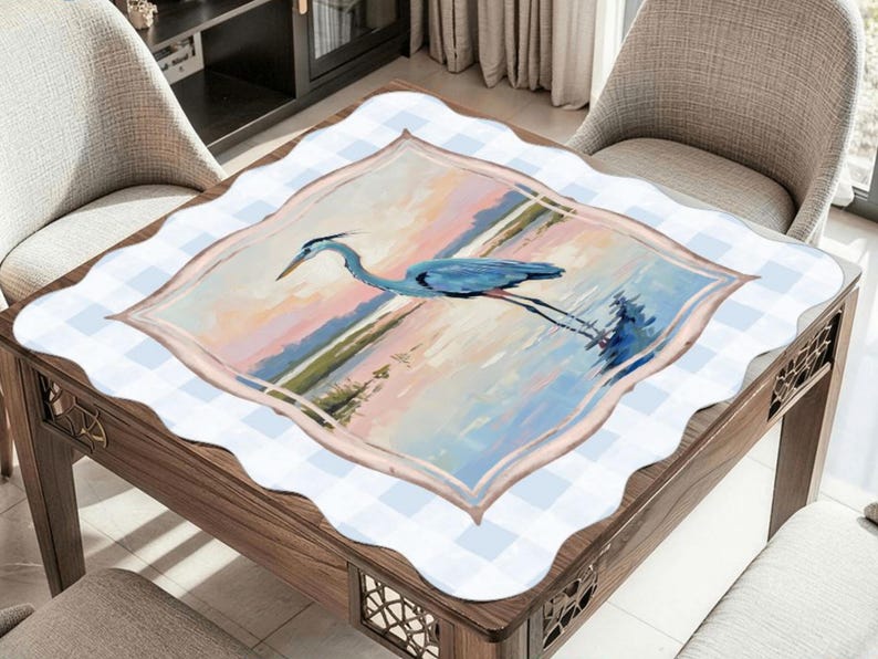 Scalloped Crane Mahjong Mat | Blue Heron Mahjong Playing Mat | Coastal Mahjong Table Mat | Non Slip Mahjong Mat bild 2