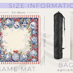 May include: A square game mat measuring 80cm by 80cm, featuring a blue and white chinoiserie-style ornament border with red bows and greenery. Includes two cylindrical bag options, one black and one white, for storage and transport.