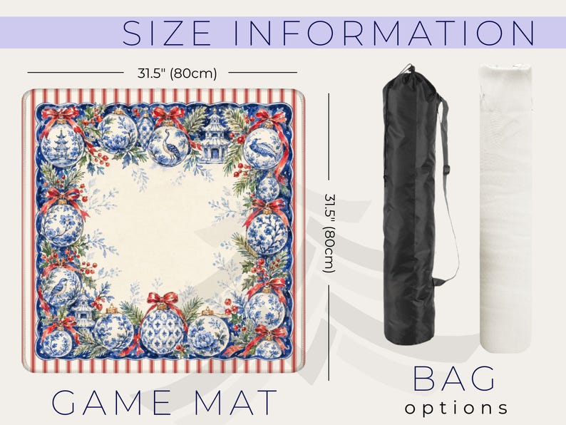 May include: A square game mat measuring 80cm by 80cm, featuring a blue and white chinoiserie-style ornament border with red bows and greenery. Includes two cylindrical bag options, one black and one white, for storage and transport.