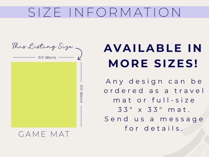 May include: A lime green game mat, 31.5 inches (80cm) square, with size information. Text reads "Available in More Sizes!" and details about travel and full-size mats. The text also says "Send us a message for details."