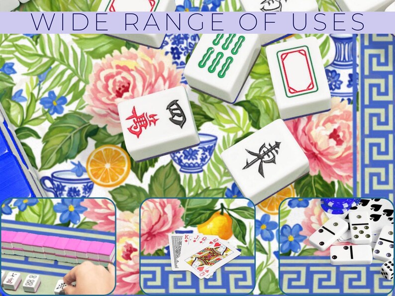 May include: White Mahjong tiles with red, green, and black symbols are scattered on a floral background with the text "WIDE RANGE OF USES". The background features pink flowers, blue accents, and a blue and white border.
