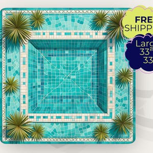 May include: A square pool mat featuring a top-down view of a turquoise tiled swimming pool with a light-colored border and green palm plants in the corners. The mat includes text that reads Larger 33" x 33".