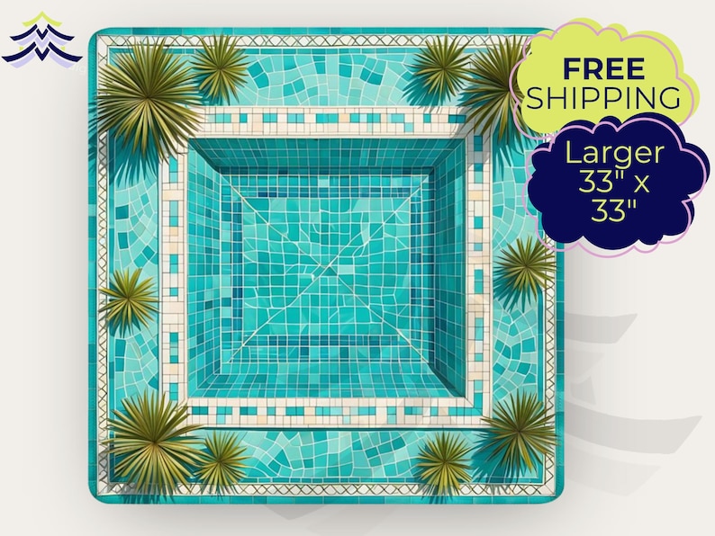 May include: A square pool mat featuring a top-down view of a turquoise tiled swimming pool with a light-colored border and green palm plants in the corners. The mat includes text that reads Larger 33" x 33".