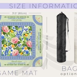 May include: A game mat with a floral design featuring pink roses, lemons, and blue accents, measuring 31.5 inches (80cm) square. Includes a black bag and a white rolled option. Text on the mat reads "Charleston" and "GAME MAT".