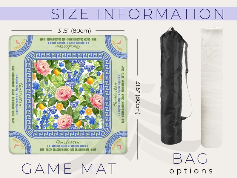 May include: A game mat with a floral design featuring pink roses, lemons, and blue accents, measuring 31.5 inches (80cm) square. Includes a black bag and a white rolled option. Text on the mat reads "Charleston" and "GAME MAT".