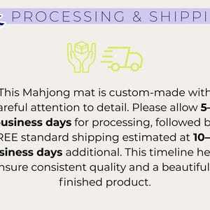 May include: The image displays text about processing and shipping for a custom-made Mahjong mat. The text includes information about processing time and standard shipping estimates. A logo of a Christmas tree is at the top left.