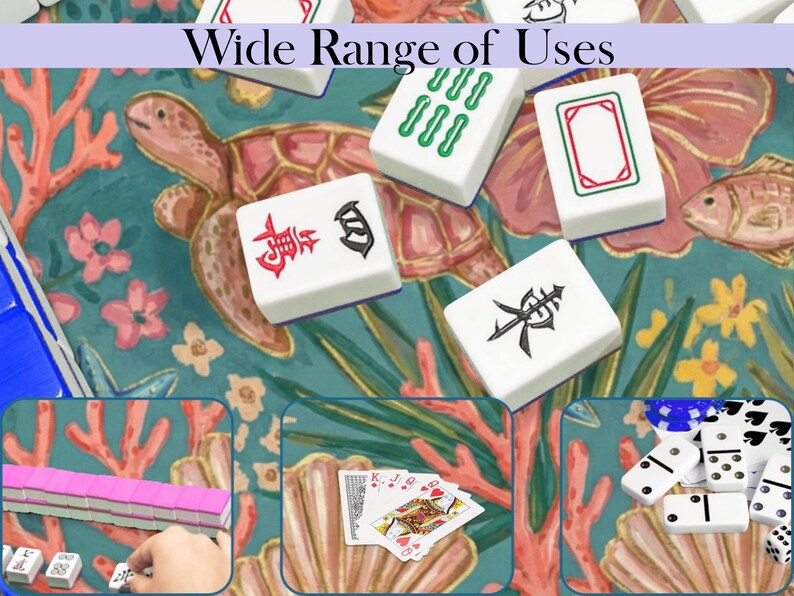 May include: A selection of white Mahjong tiles, featuring red, green, and black symbols, are arranged on a teal and coral patterned surface. The image also shows a turtle and fish illustration, playing cards, and dominoes. The text "Wide Range of Uses" is visible.
