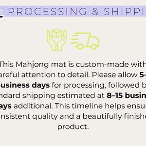 K&ouml;nnte beinhalten: Text auf hellem Hintergrund mit der Aufschrift &bdquo;PROCESSING & SHIPPING&ldquo;. Darunter wird eine ma&szlig;gefertigte Mahjong-Matte beschrieben, wobei die Liebe zum Detail hervorgehoben wird. Der Text erw&auml;hnt Bearbeitungs- und Versandzeiten, um Qualit&auml;t zu gew&auml;hrleisten.