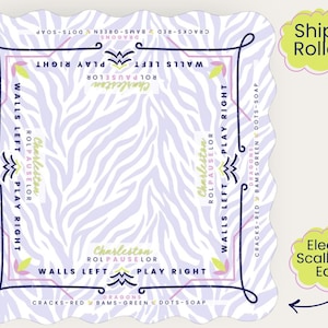 May include: A decorative paper with a zebra stripe pattern in white and light purple. The paper has a scalloped edge and a border with text that reads "Charleston" and "Walls Left Play Right".