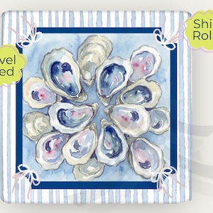 Oyster Mahjong Travel Mat, Coastal Mahjong Table Mat, Blue Preppy Mahjong Game Accessory, Grandmillenial - Travel Sized 21"x21" image 1