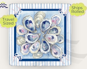 Oyster Mahjong Travel Mat, Coastal Mahjong Table Mat, Blue Preppy Mahjong Game Accessory, Grandmillenial - Travel Sized 21"x21"