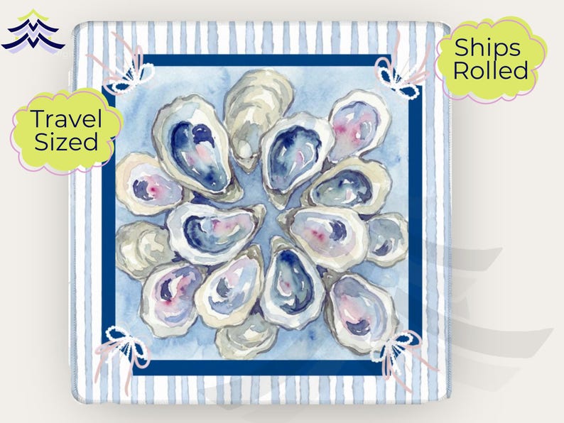 Oyster Mahjong Travel Mat, Coastal Mahjong Table Mat, Blue Preppy Mahjong Game Accessory, Grandmillenial - Travel Sized 21"x21" image 1