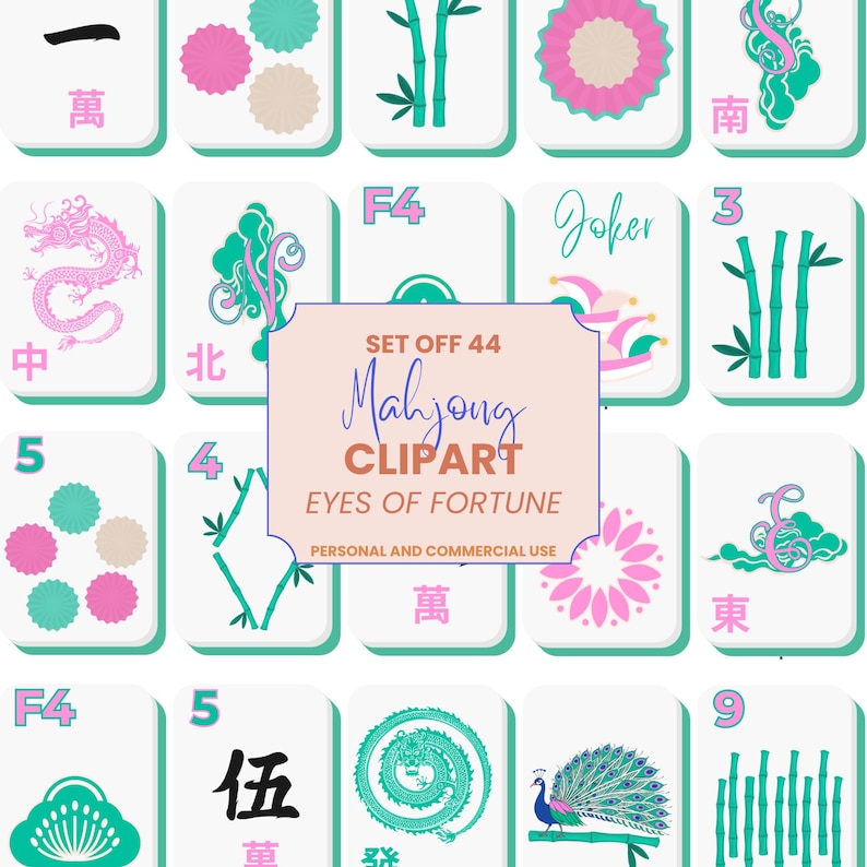 May include: A collection of Mahjong clipart tiles with various symbols and numbers in teal, pink, and white. The set includes tiles with dragons, bamboo, and floral designs. The text "Mahjong Clipart" and "Eyes of Fortune" is also visible.