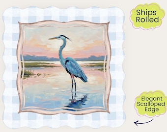 Scalloped Crane Mahjong Mat | Blue Heron Mahjong Playing Mat | Coastal Mahjong Table Mat | Non Slip Mahjong Mat