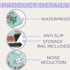 Puede incluir: Imagen que muestra los detalles del producto con el texto "DETALLES DEL PRODUCTO". La imagen destaca caracter&iacute;sticas: impermeable, antideslizante, bolsa de almacenamiento incluida y reducci&oacute;n de ruido. El producto tiene un dise&ntilde;o floral.