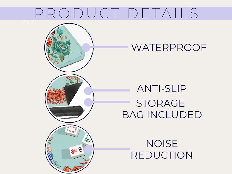 Puede incluir: Imagen que muestra los detalles del producto con el texto "DETALLES DEL PRODUCTO". La imagen destaca caracter&iacute;sticas: impermeable, antideslizante, bolsa de almacenamiento incluida y reducci&oacute;n de ruido. El producto tiene un dise&ntilde;o floral.