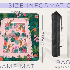 May include: A pink game mat with a tennis court design, featuring cheetahs playing. The mat is 31.5 inches (80cm) square, surrounded by tropical foliage and flowers. A black bag and a white rolled mat are shown as options. The words "GAME MAT" and "BAG options" are displayed.