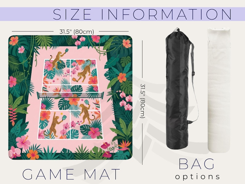 May include: A pink game mat with a tennis court design, featuring cheetahs playing. The mat is 31.5 inches (80cm) square, surrounded by tropical foliage and flowers. A black bag and a white rolled mat are shown as options. The words "GAME MAT" and "BAG options" are displayed.