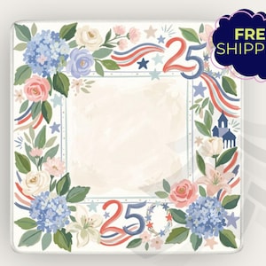 May include: Square decorative plate with a floral design featuring blue hydrangeas, pink roses, and white lilies. The plate has a patriotic theme with red, white, and blue accents, stars, and the number 25.